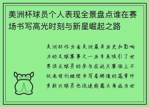 美洲杯球员个人表现全景盘点谁在赛场书写高光时刻与新星崛起之路